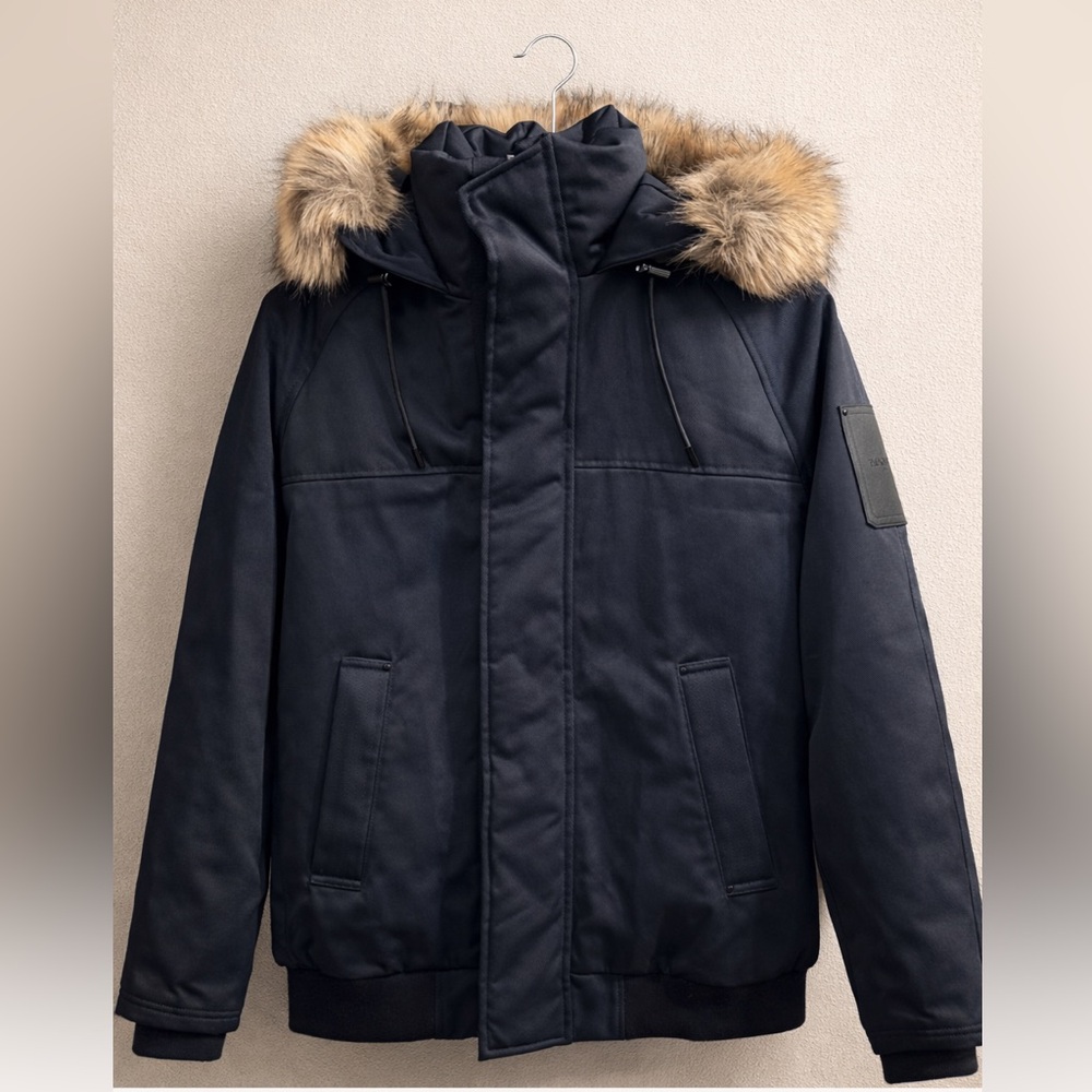 The Kooples Dark Blue down parka Jacket with Fur Trim Womens small - rare
